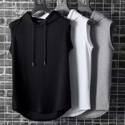 Áo Hoodie Sát Nách Cổ Tròn Mỏng Dáng Rộng Màu Trơn Phối Dây Rút Kiểu Hàn Quốc Thời Trang Cho Nam