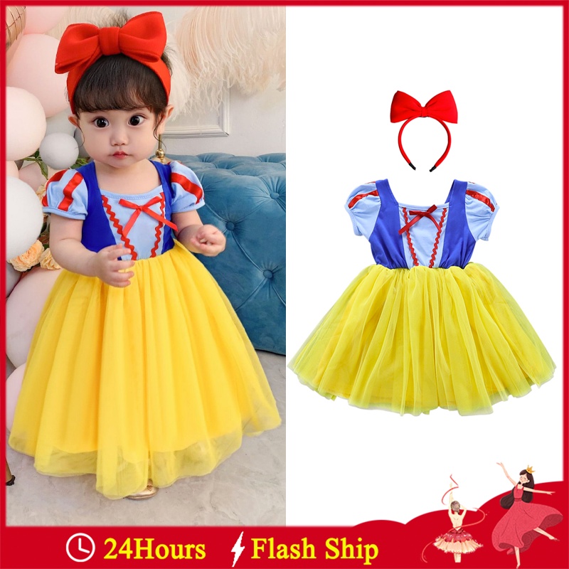 Đầm Hóa Trang Công Chúa Bạch Tuyết Tay Ngắn Phối Lưới Xinh Xắn Cho Bé Gái