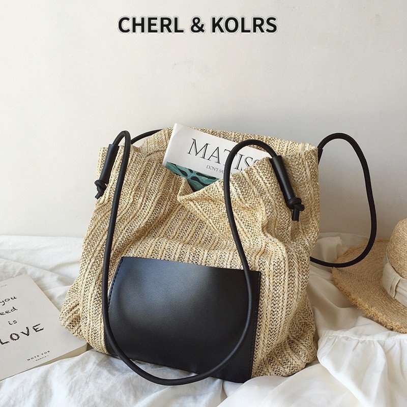 CHERLKOLRS Túi Xách tote Đan Lát Sức Chứa Lớn Phong Cách vintage Thời Trang Đi Biển