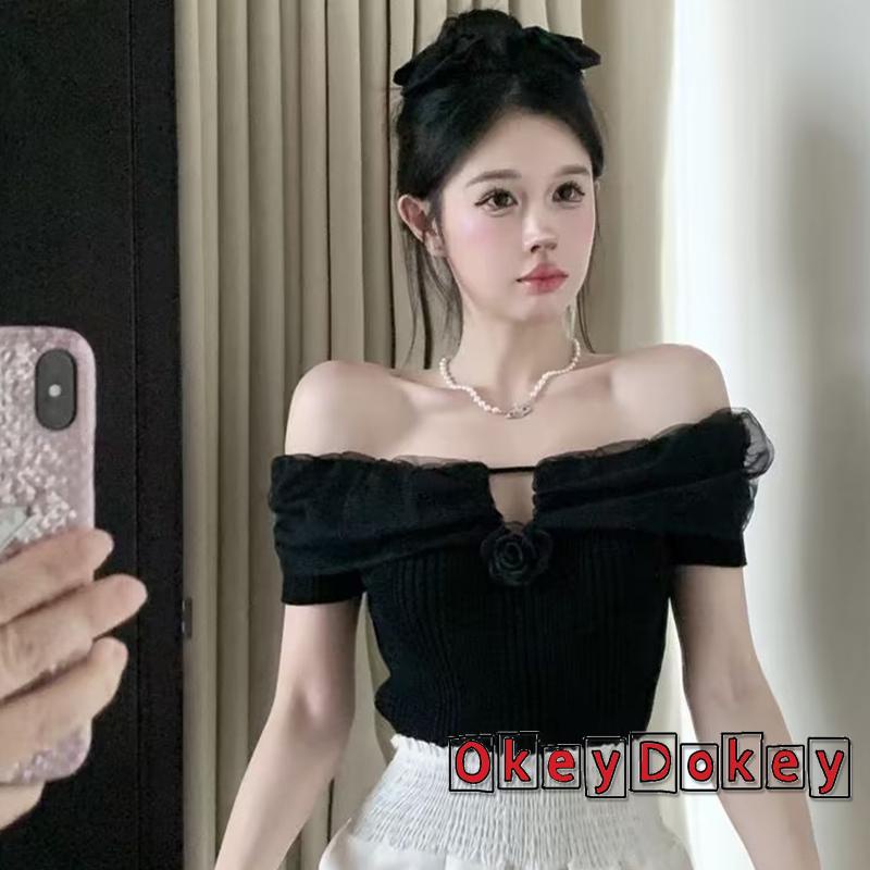 Áo Thun Tay Ngắn Hở Vai Màu Trơn In Họa Tiết Hoa 3D Dành Cho Nữ