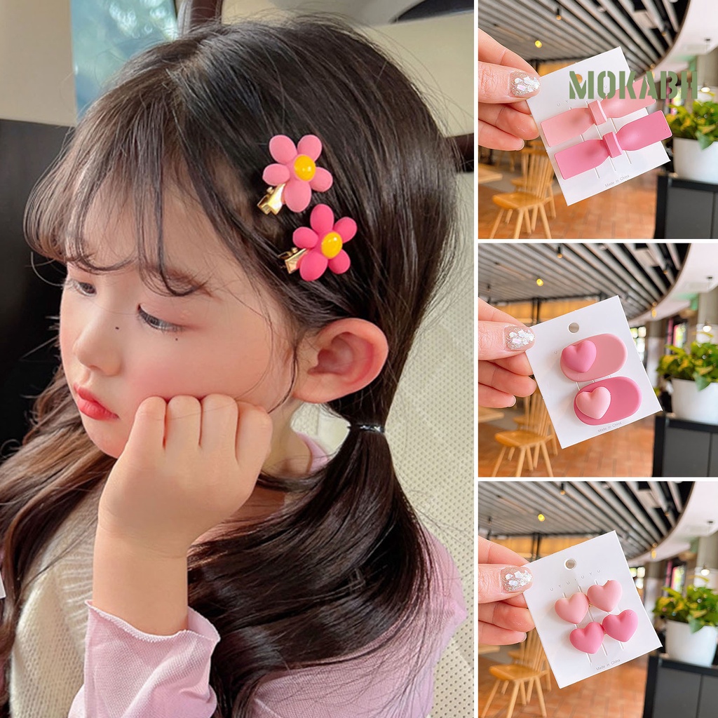 1 Cặp Kẹp Tóc Nhựa Họa Tiết Hoa / Trái Tim / Nơ Bằng Kim Loại Dễ Thương