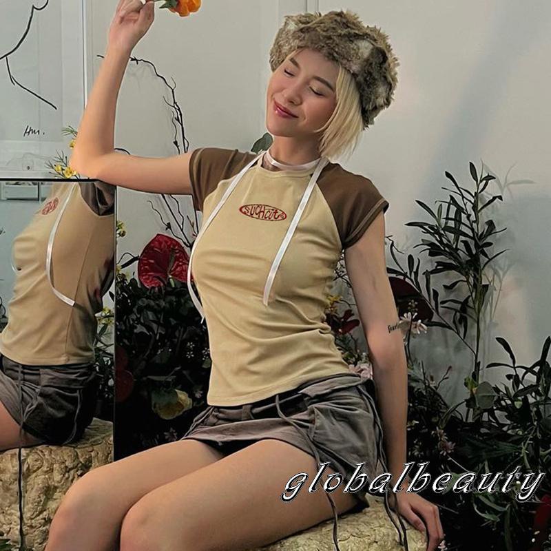 Áo Dệt Kim Ngắn Tay Cổ Tròn Thêu Chữ Màu Sắc Thời Trang Mùa Hè Cho Nữ