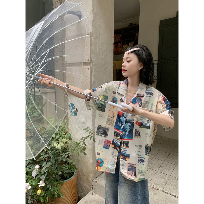 Áo Sơ Mi Nữ Ngắn Tay In Họa Tiết vintage Thời Trang