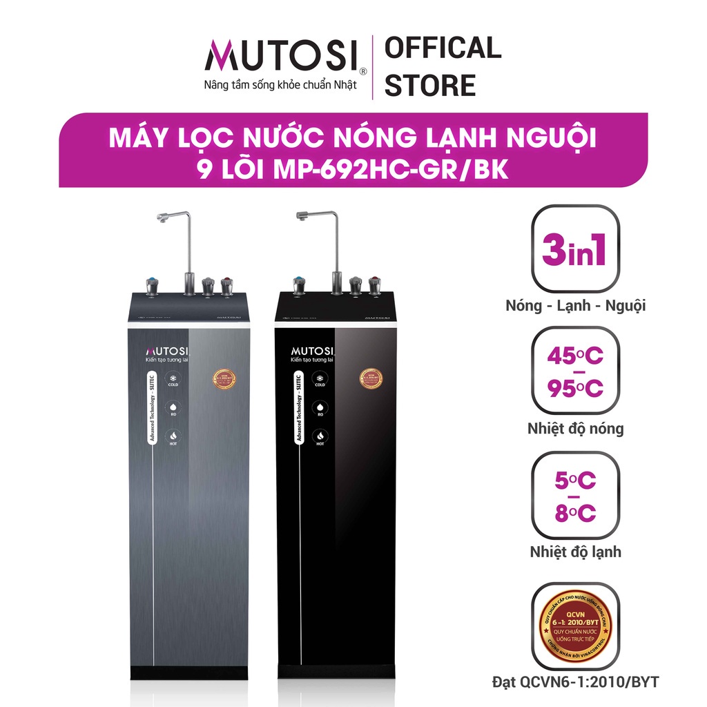 Máy lọc nước nóng lạnh nguội Mutosi 9 lõi MP-692HC, thiết kế hiện đại, tinh tế, phù hợp với mọi không gian.