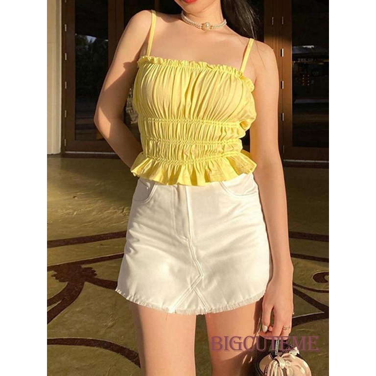 [] Áo Babydoll Hai Dây Viền Bèo Nhún Thời Trang Mùa Hè Cho Nữ