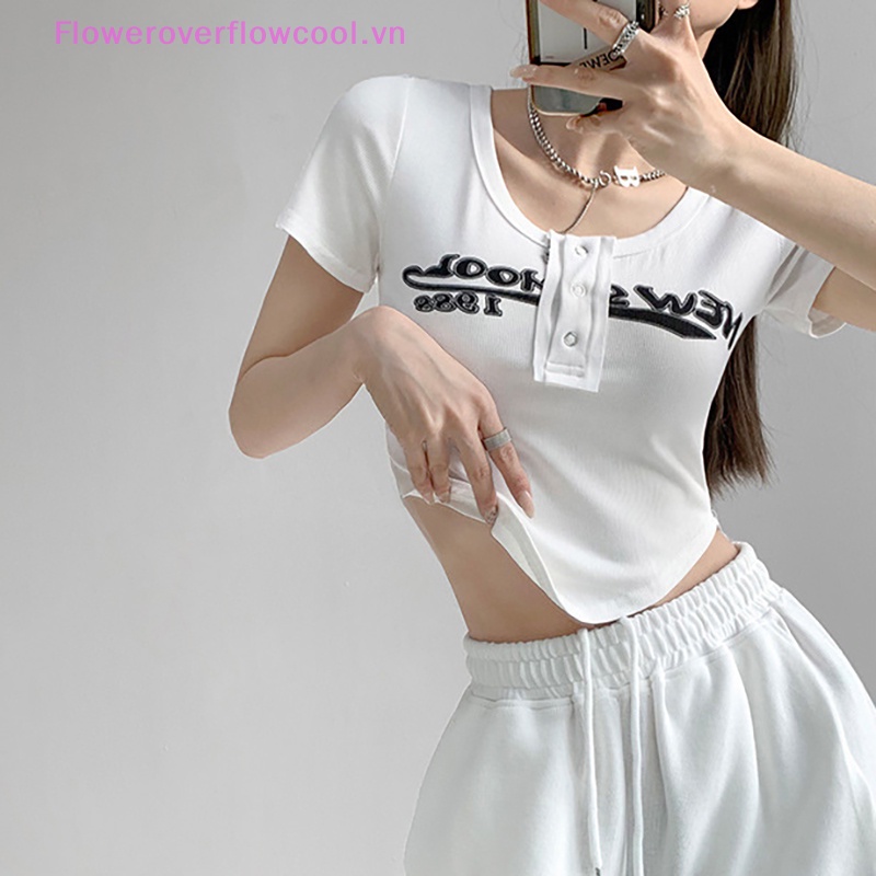 Áo Thun Crop Top Tay Ngắn Cổ Tròn In Chữ Thời Trang Mùa Hè Cho Nữ