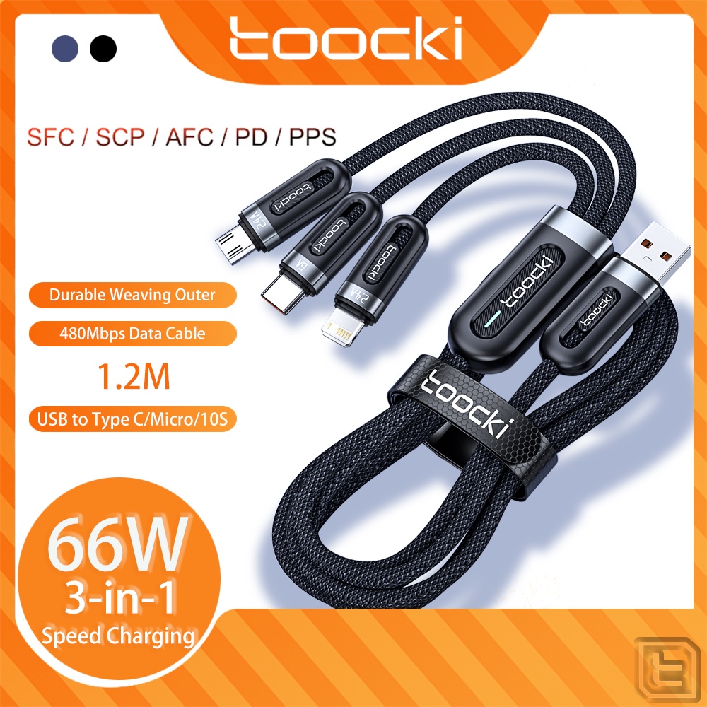 Dây Cáp Sạc Nhanh Toocki 66W 3 Trong 1 USB Type C Micro 10S 3 Trong 1 Cho Samsung Xiaomi OPPO