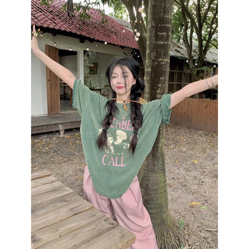 Áo Thun Ngắn Tay Dáng Rộng In Họa Tiết Phong Cách Retro