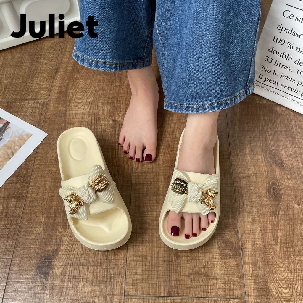 Juliet Dép bánh mỳ nữ-dép thái lan quai gắn nơ gấu hot ngang nâng đế 6 phân B20H12C