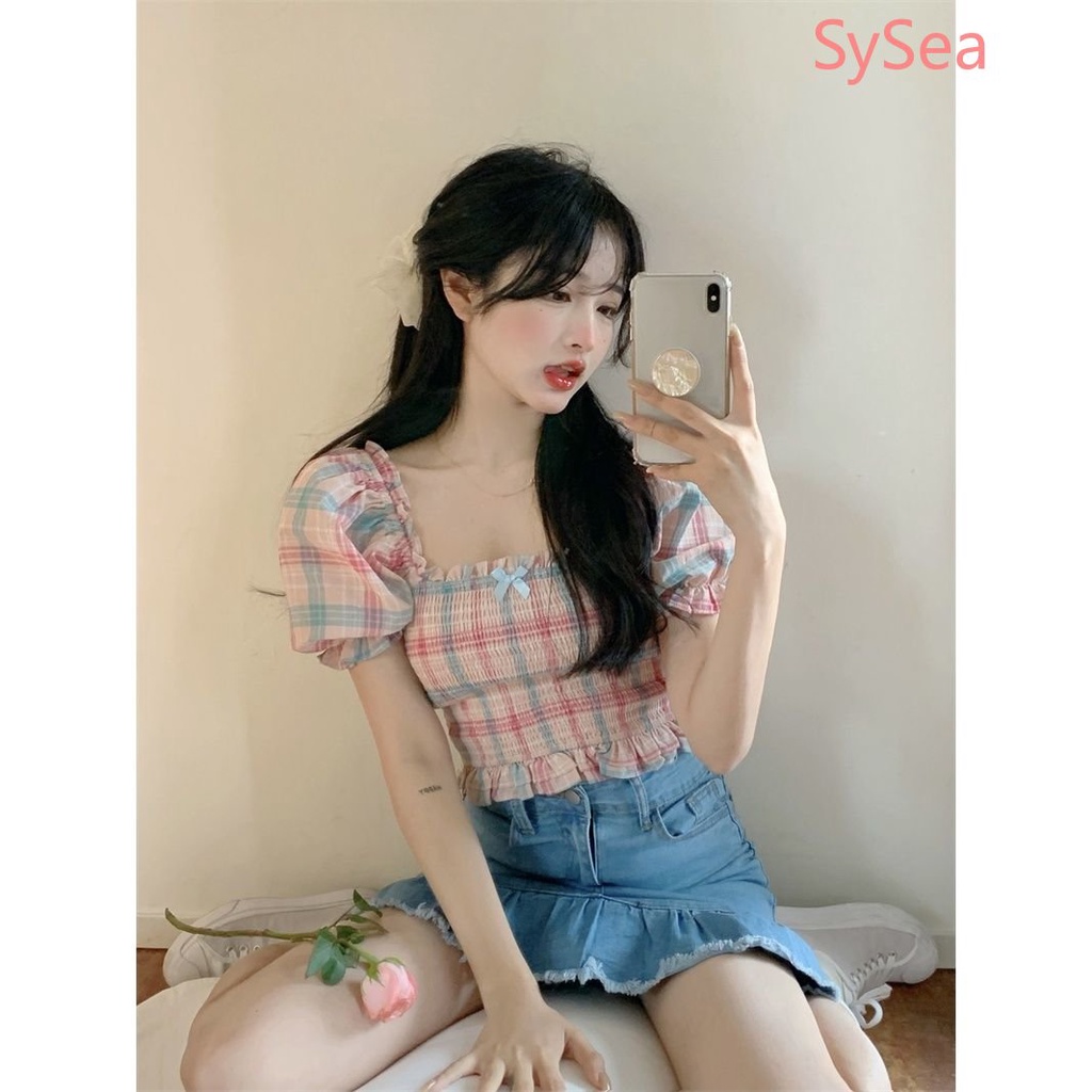 Áo Kiểu Tay Phồng Họa Tiết Sọc Caro Phong Cách Pháp