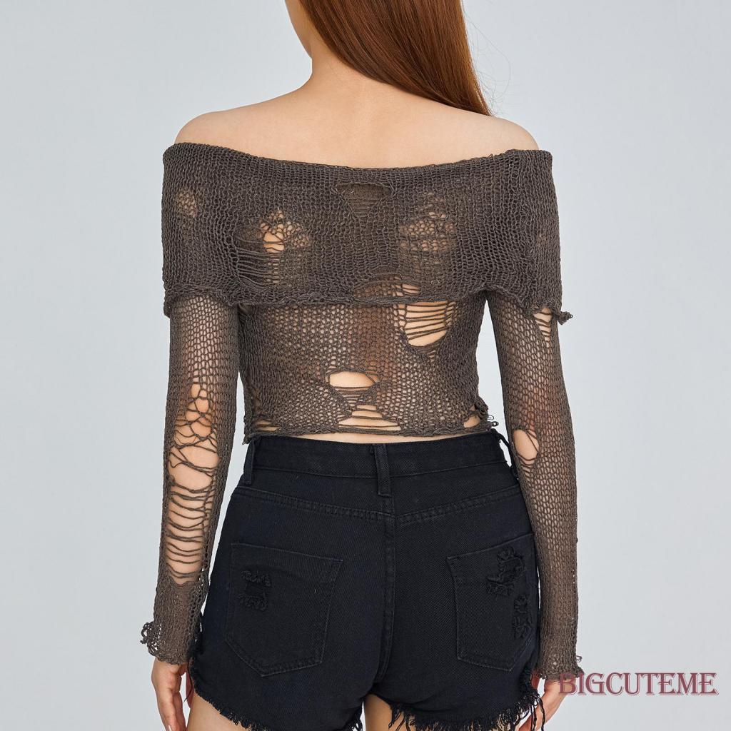 Áo Croptop Dệt Kim Trễ Vai Tay Dài Rách Cá Tính Thời Trang Đường Phố Cho Nữ