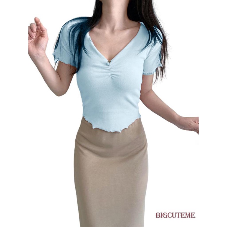 Áo Thun Crop Top Tay Ngắn Cổ Chữ V Màu Sắc Đơn Giản Dành Cho Nữ