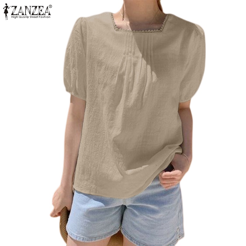 ZANZEA Áo Kiểu Cotton Tay Ngắn Phồng Cổ Vuông Màu Trơn Thời Trang Hàn Quốc Cho Nữ