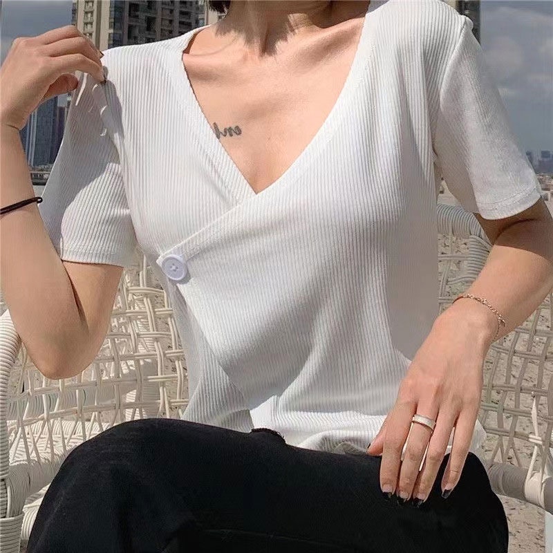 Áo Thun Tay Ngắn Cổ Chữ V Dáng Ôm Thời Trang Mùa Hè Hàng Mới 2023 Dành Cho Bạn Nữ