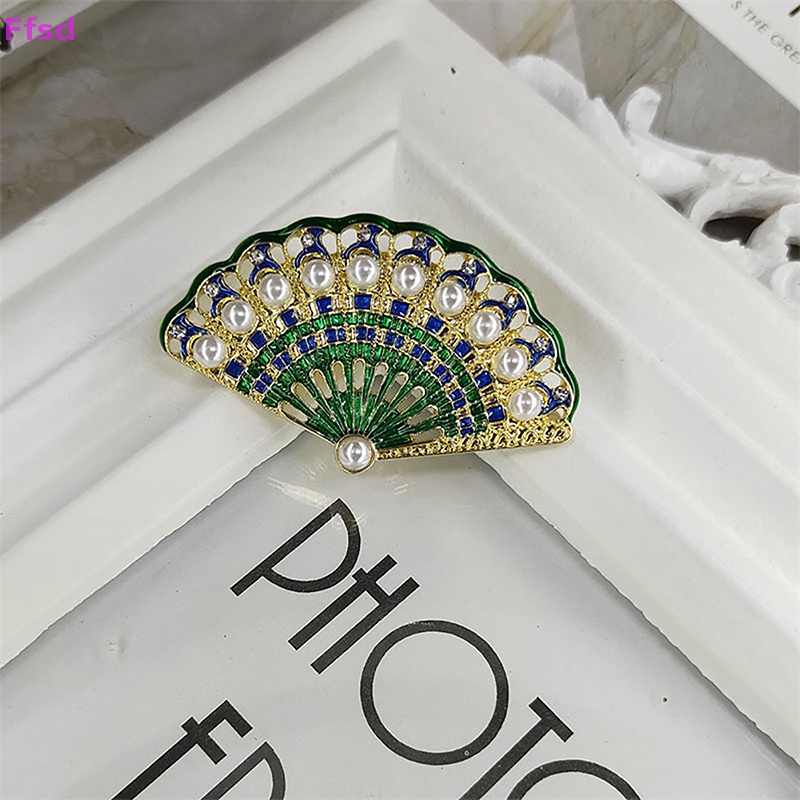 {Ffsd} Trâm Cài Áo Hình Quạt Tráng Men Khô Đính Kim Cương Ngọc Trai Cổ Điển Thời Trang * Hàng Bán Chạy
