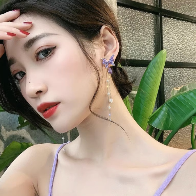 Bông Tai Tua Rua Hình Bướm Màu Tím Đính Đá Pha Lê Hai Chiều Phong Cách Hàn Quốc Dễ Thương Cho Nữ