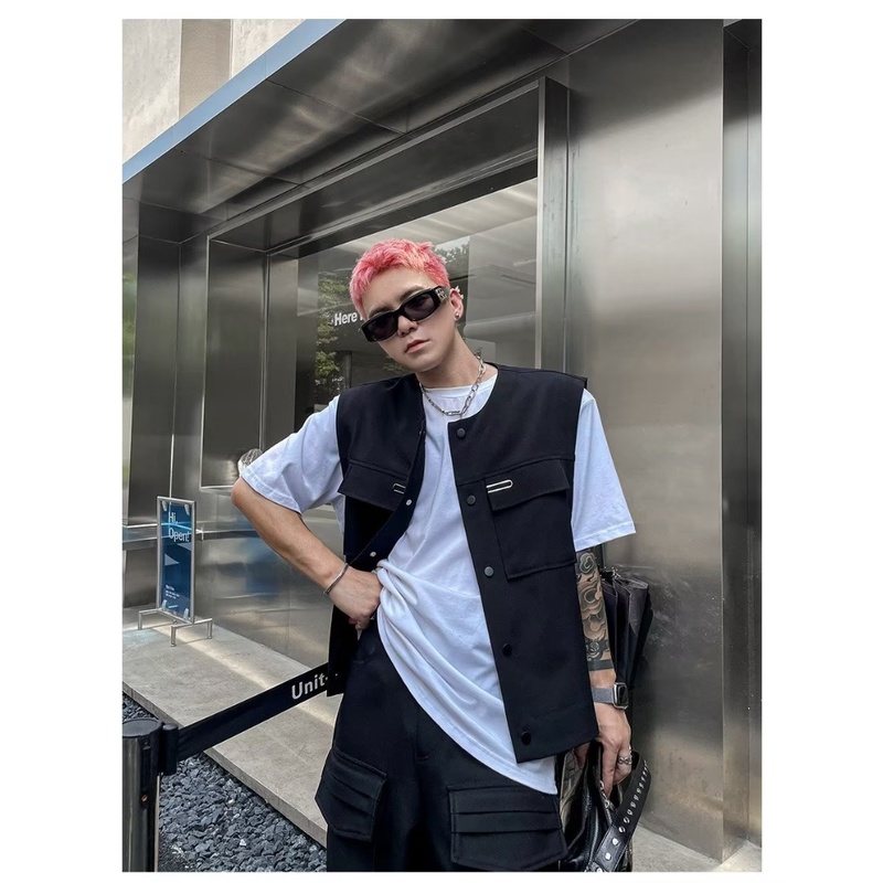 Áo Khoác Sát Nách Dáng Rộng Phối Túi Lớn Tùy Chỉnh Thời Trang Xuân Thu Cá Tính Cho Nam