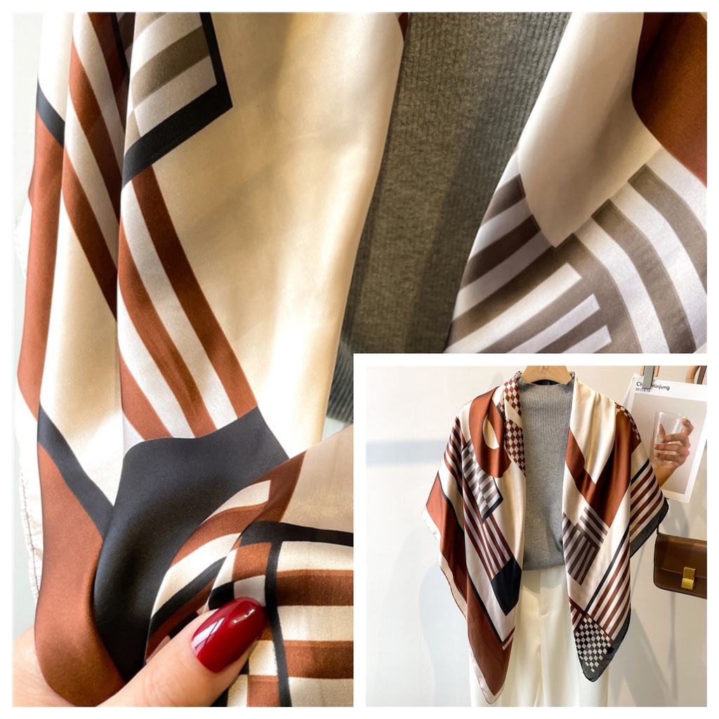 Khăn Quàng Cổ Lụa Satin 110cm Họa Tiết Kẻ Sọc Đơn Giản Dễ Phối Đồ Cho Nữ