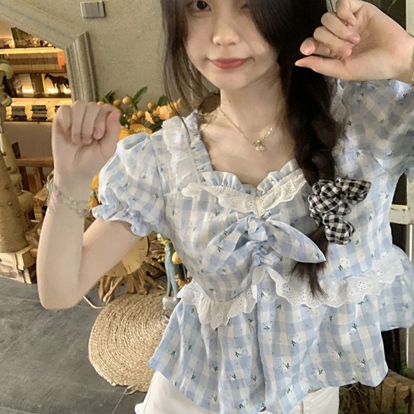 Áo Kiểu Tay Phồng Ngắn Cổ Vuông Phối Ren Họa Tiết Hoa Thời Trang Mới Cho Nữ