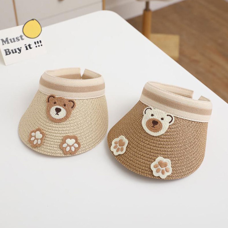 Mũ Cói Chống Nắng Thoáng Khí Hở Chóp Họa Tiết Gấu Hoạt Hình Dễ Thương Cho Bé