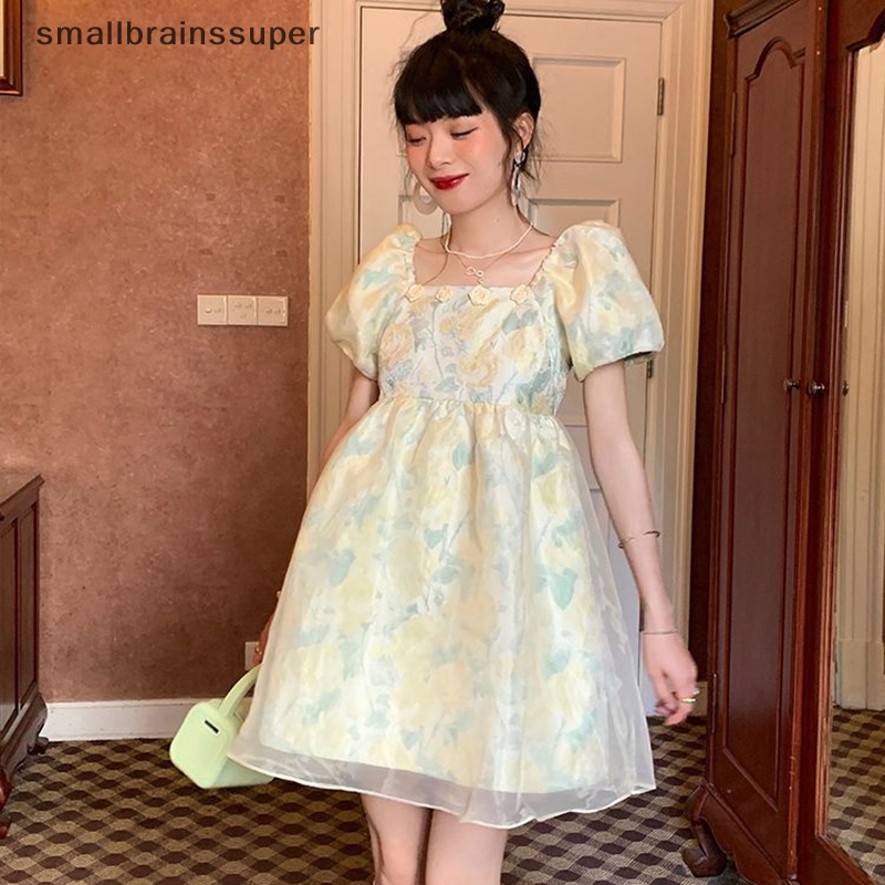 Đầm Công Chúa Mini Cổ Vuông Tay Phồng In Hoa Thời Trang Mùa Hè Cho Nữ SBS