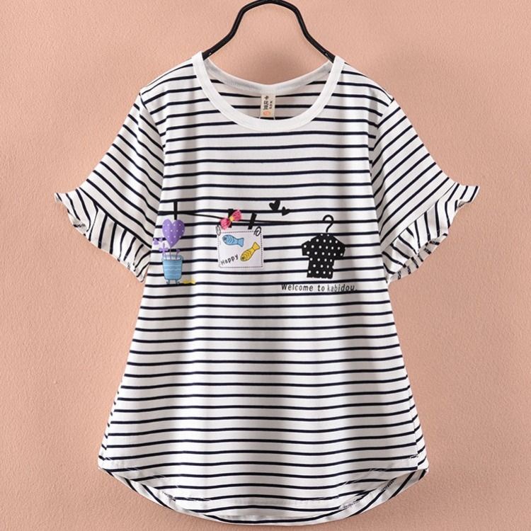 Áo Thun Cotton Mỏng Mùa Hè Tay Lửng Cổ Tròn Kẻ Sọc Ngang Phong Cách Mới 2023 Cho Nữ
