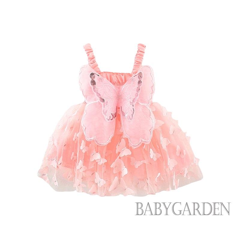 Đầm Hai Dây Nhiều Lớp Không Tay In Họa Tiết Bướm 3D Thời Trang Mùa Hè Cho Bé Gái