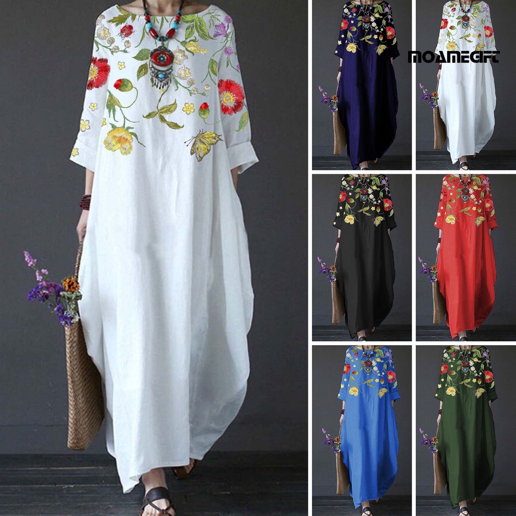 Đầm Dài Dáng Rộng Cổ Tròn Tay 3 / 4 In Họa Tiết Hoa Thời Trang Xuân Hè Cho Nữ