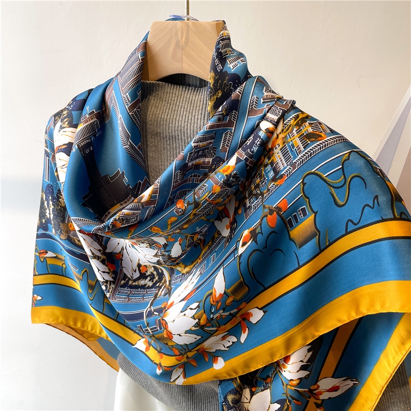 Khăn Choàng Vuông 110cm Vải Satin Họa Tiết Hoa Thời Trang Mùa Hè