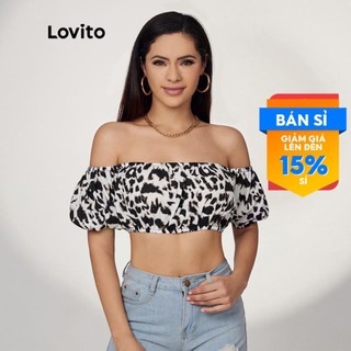 Áo croptop Lovito phong cách thường ngày in da báo tay phồng hở vai L17D045 (Màu đen)