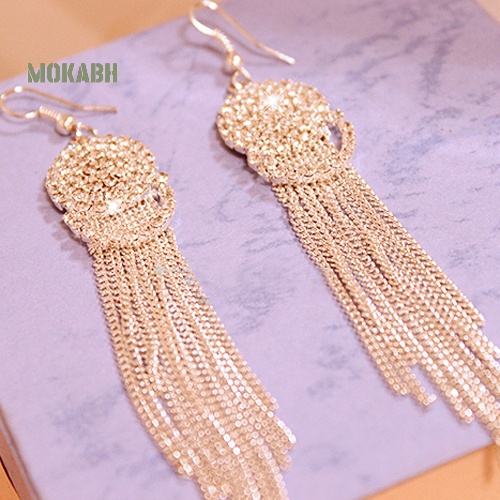 Bông Tai Chuỗi Tròn Đính Đá Tua Rua Thời Trang Dự Tiệc Cho Nữ