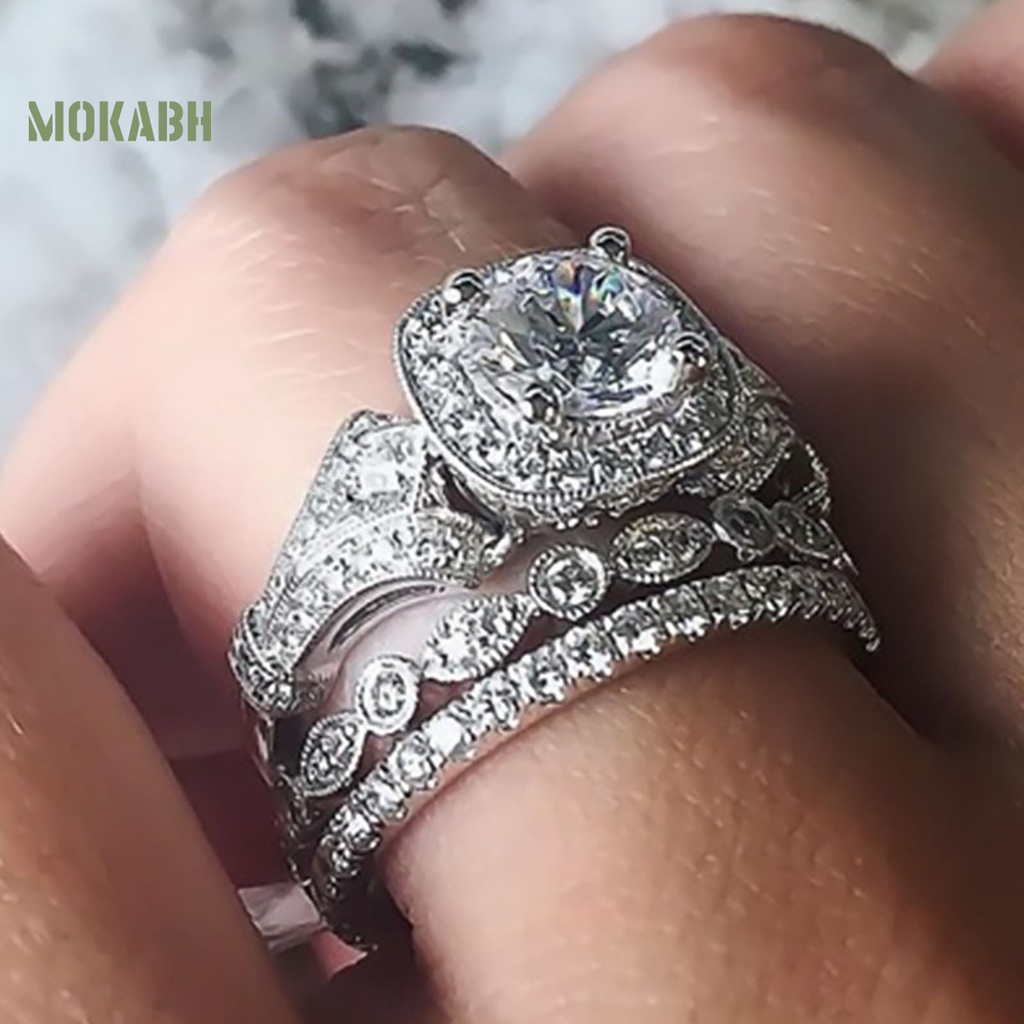 Set 3 Nhẫn Đính Hôn Đính Đá Lấp Lánh Tinh Tế Sáng Tạo Phổ Biến
