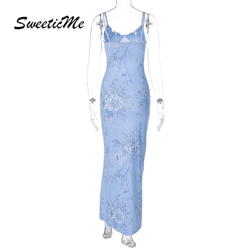 Đầm Dài Không Tay Hở Lưng Cổ Chữ V In Họa Tiết Hoa Thời Trang Mới 2023 Cho Nữ