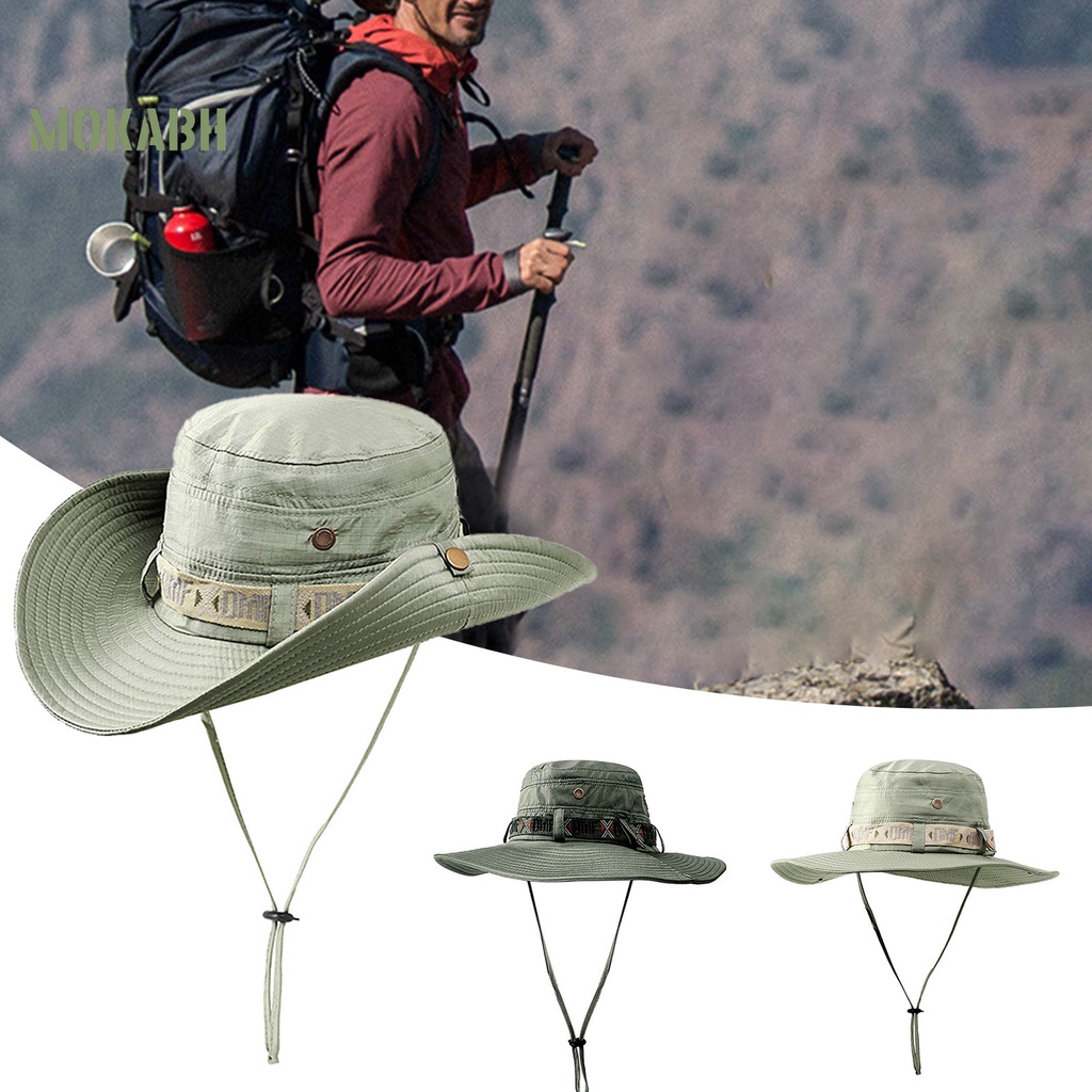 [Mok Abh] Mũ Cao Bồi Rộng Vành Chống Tia UV Viền Xoăn Màu Trơn Có Dây Có Thể Điều Chỉnh Được Phong Cách Vintage Cho Nam