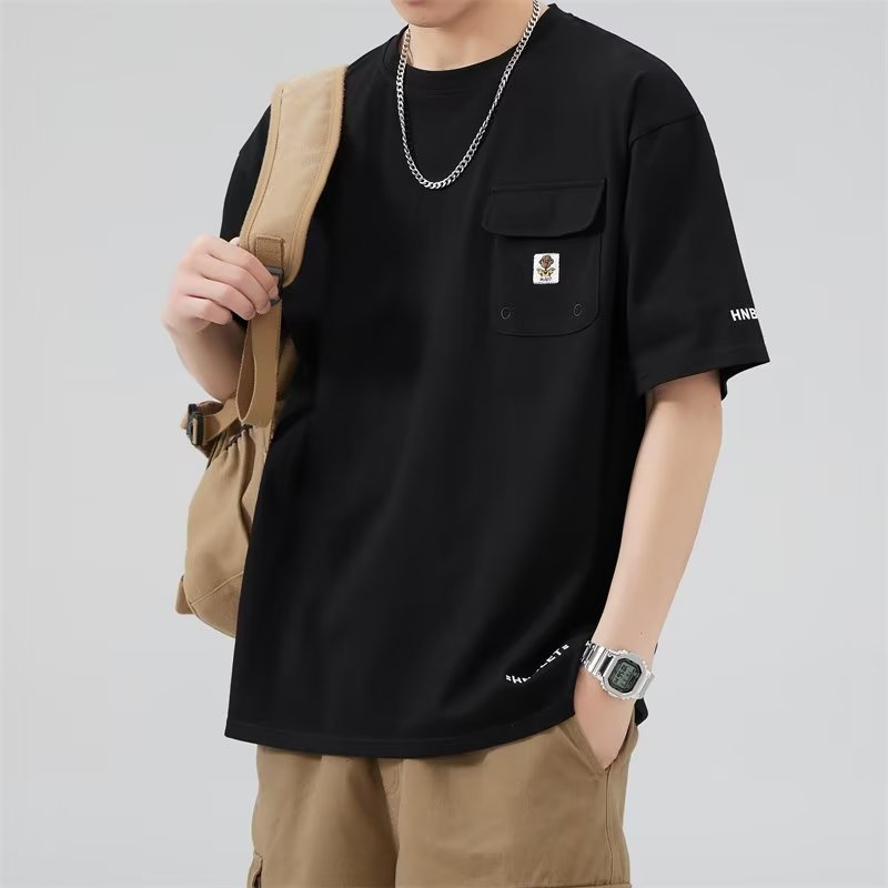 Áo Thun Cotton Ngắn Tay Màu Trơn Phối Túi Thời Trang Đường Phố Mùa Hè Cho Nam