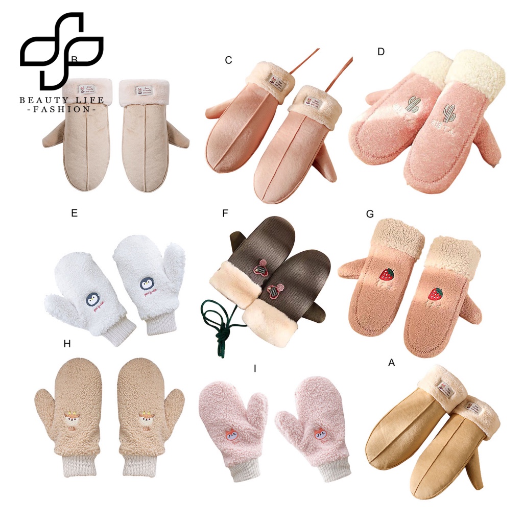 1 Cặp Găng Tay Nhung Dày Dặn Siêu Mềm Chống Lạnh Thêu Hình Động Vật Dễ Thương Cho Nữ