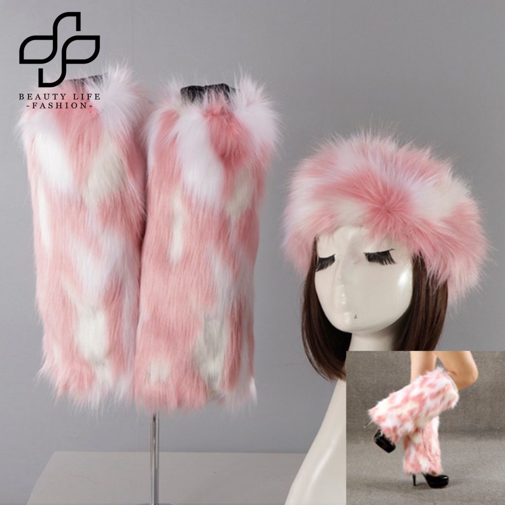 1 Set Mũ Beanie Kèm Vớ Lông Giả Mềm Mại Co Giãn Chống Rách Giữ Ấm Mùa Đông