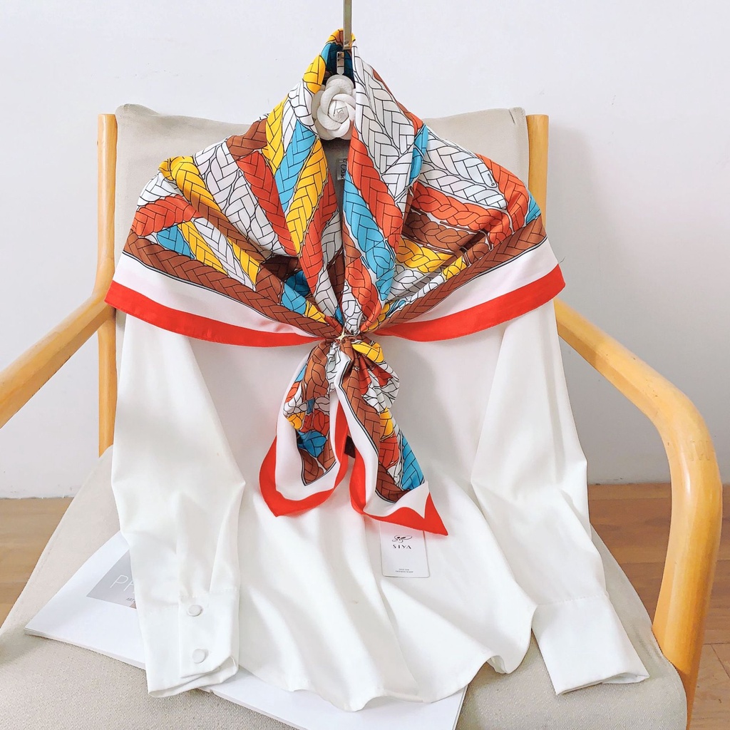 Khăn Choàng Satin Vuông 90 * 90cm Họa Tiết Màu Tương Phản Phong Cách Phương Tây