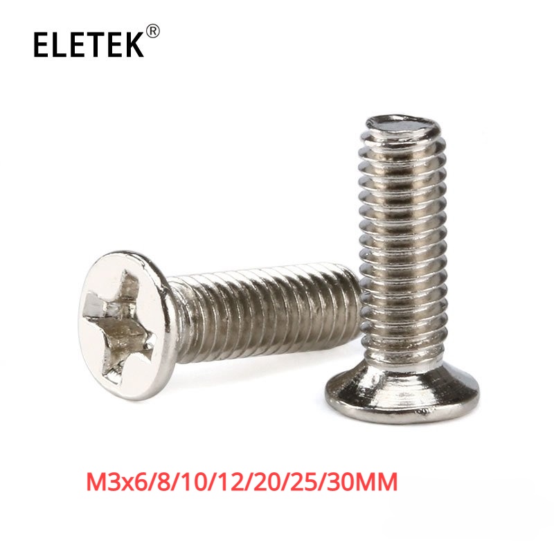 Bộ 20 Ốc Vít Đầu Dẹt Chữ Thập Bằng Thép Không Gỉ M3x6 / 8 / 10 / 12 / 20 / 25 / 30MM M3