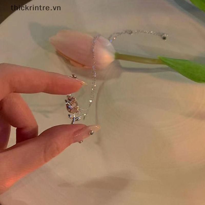 Vòng cổ Mặt Hoa Tulip Màu Bạc Đính Đá Thời Trang Cho Nữ