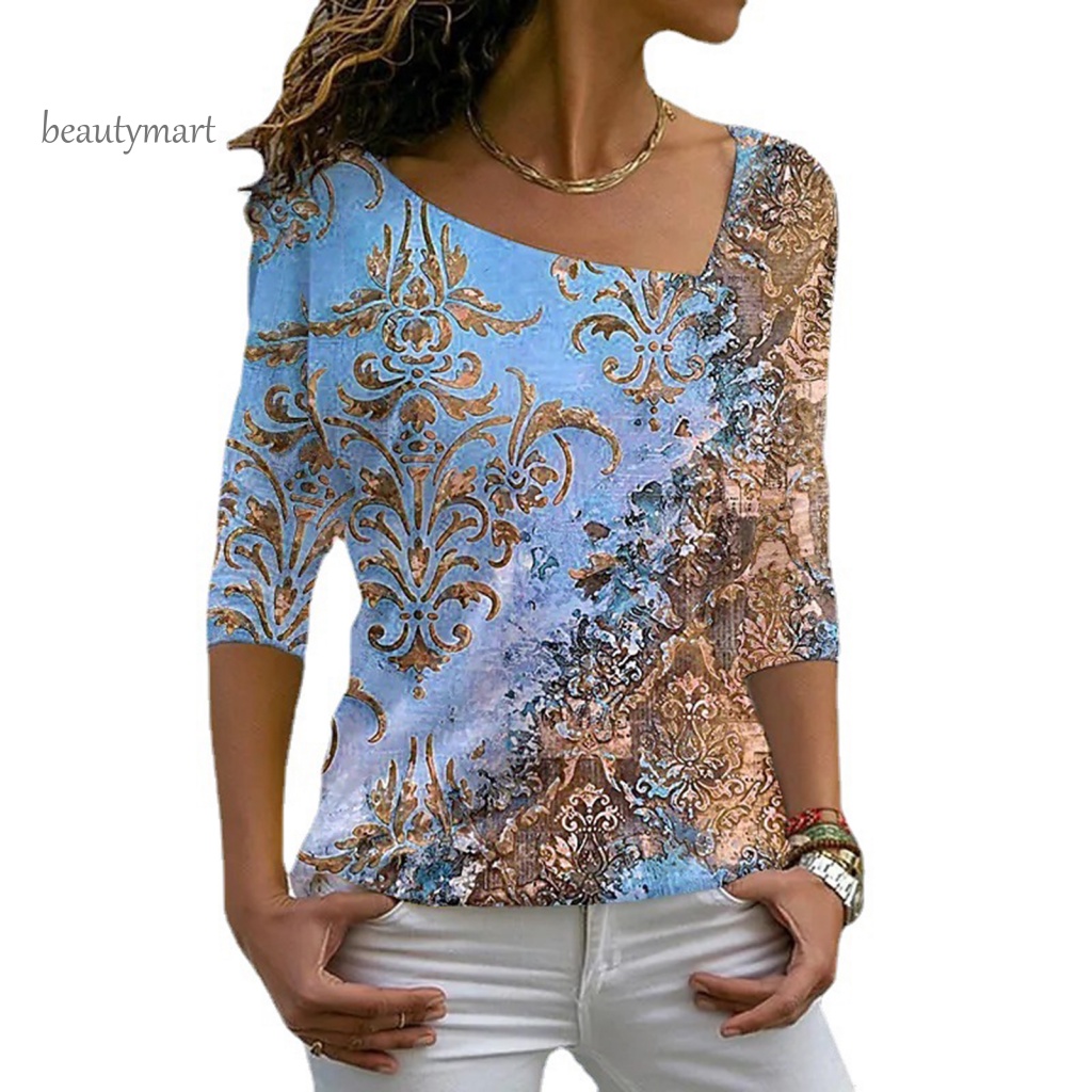 Áo Thun Tay Lửng Cổ Chữ V Dáng Rộng Thoáng Khí In Họa Tiết Hoa Xinh Xắn Thời Trang Mùa Hè Cho Nữ beautymartm1