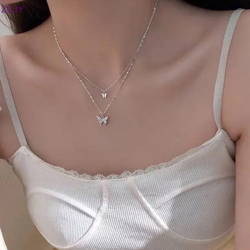 Vòng cổ Hai Lớp Mặt Hình Bướm Đính Đá Zircon Thời Trang Cho Nữ Mới