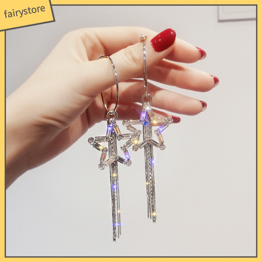 Bông Tai Dạng Vòng Hình Ngôi Sao Năm Cánh Đính Đá Phối Tua Rua Thời Trang Cho Nữ