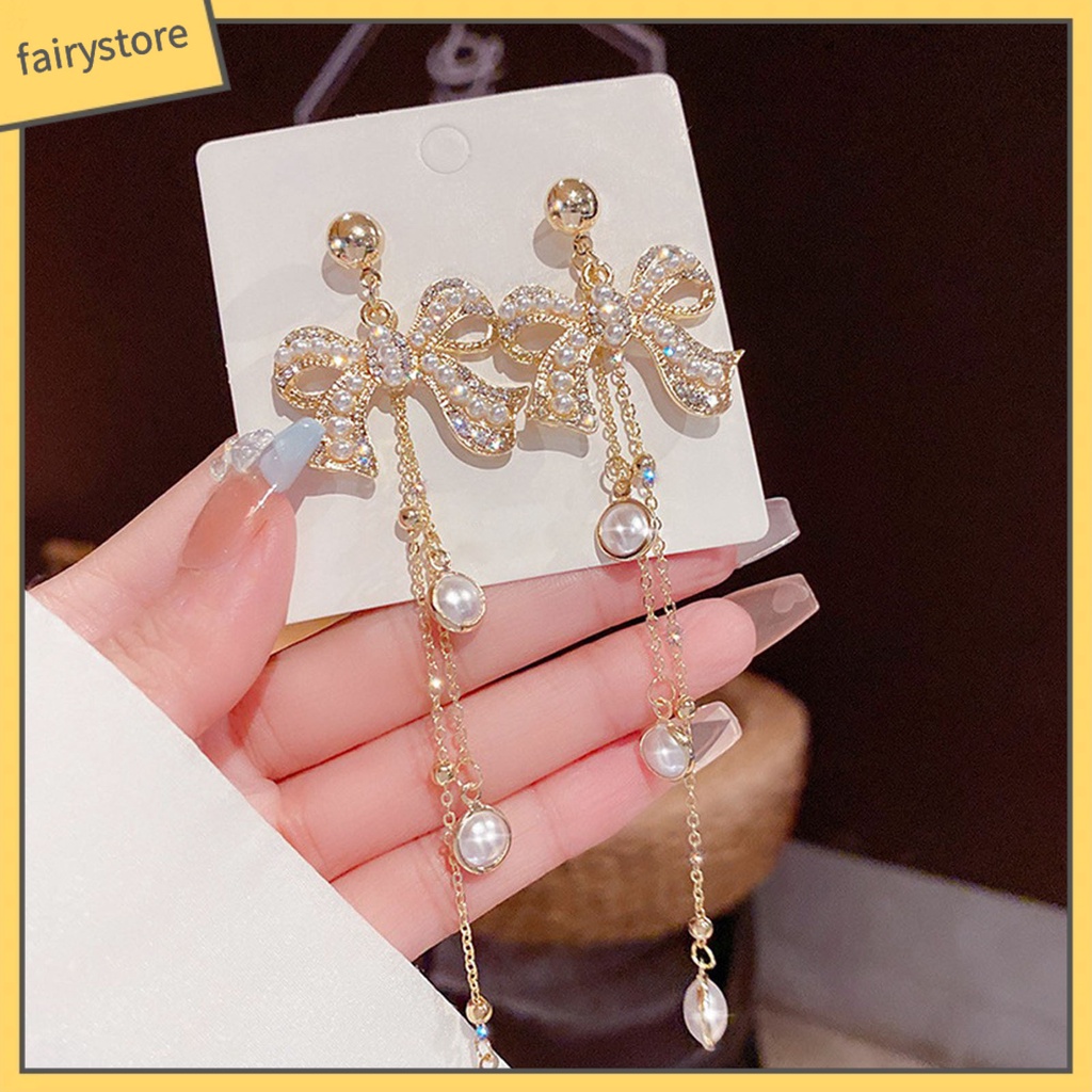 1 Đôi Bông Tai Hình Nơ / Trái Tim Đính Đá / Ngọc Trai Giả Lấp Lánh Thời Trang