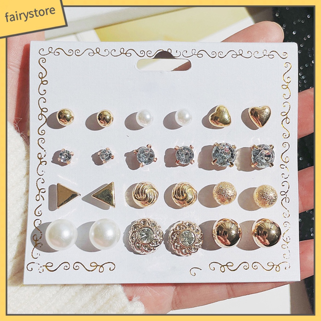 Set 12 Đôi Bông Tai Xỏ Hạt Ngọc Trai Giả Phong Cách Hàn Quốc