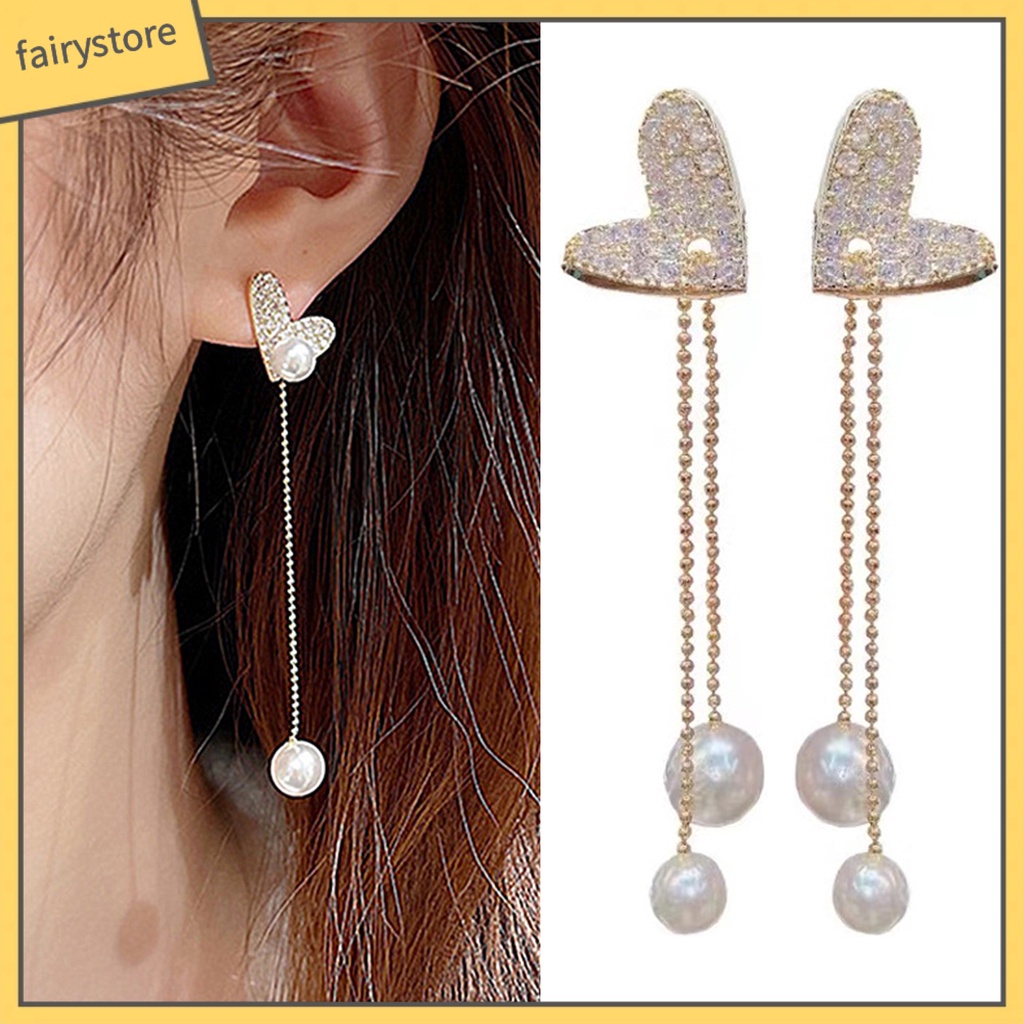 [FRO] Bông Tai Thả Dây Dài Hình Trái Tim Đính Kim Cương Giả Lấp Lánh Thanh Lịch Cho Nữ