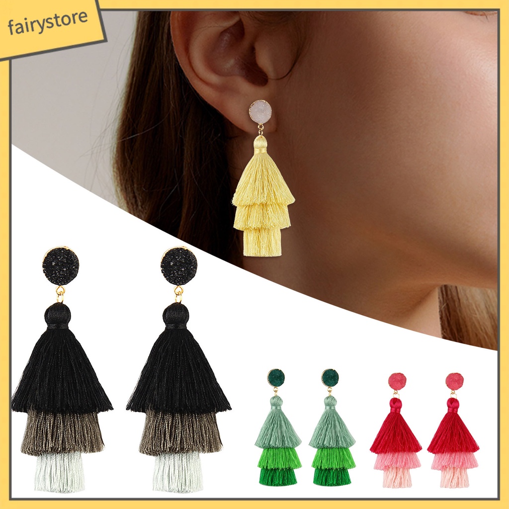 1 Đôi Bông Tai Ba Lớp Tua Rua Thời Trang Dành Cho Nữ