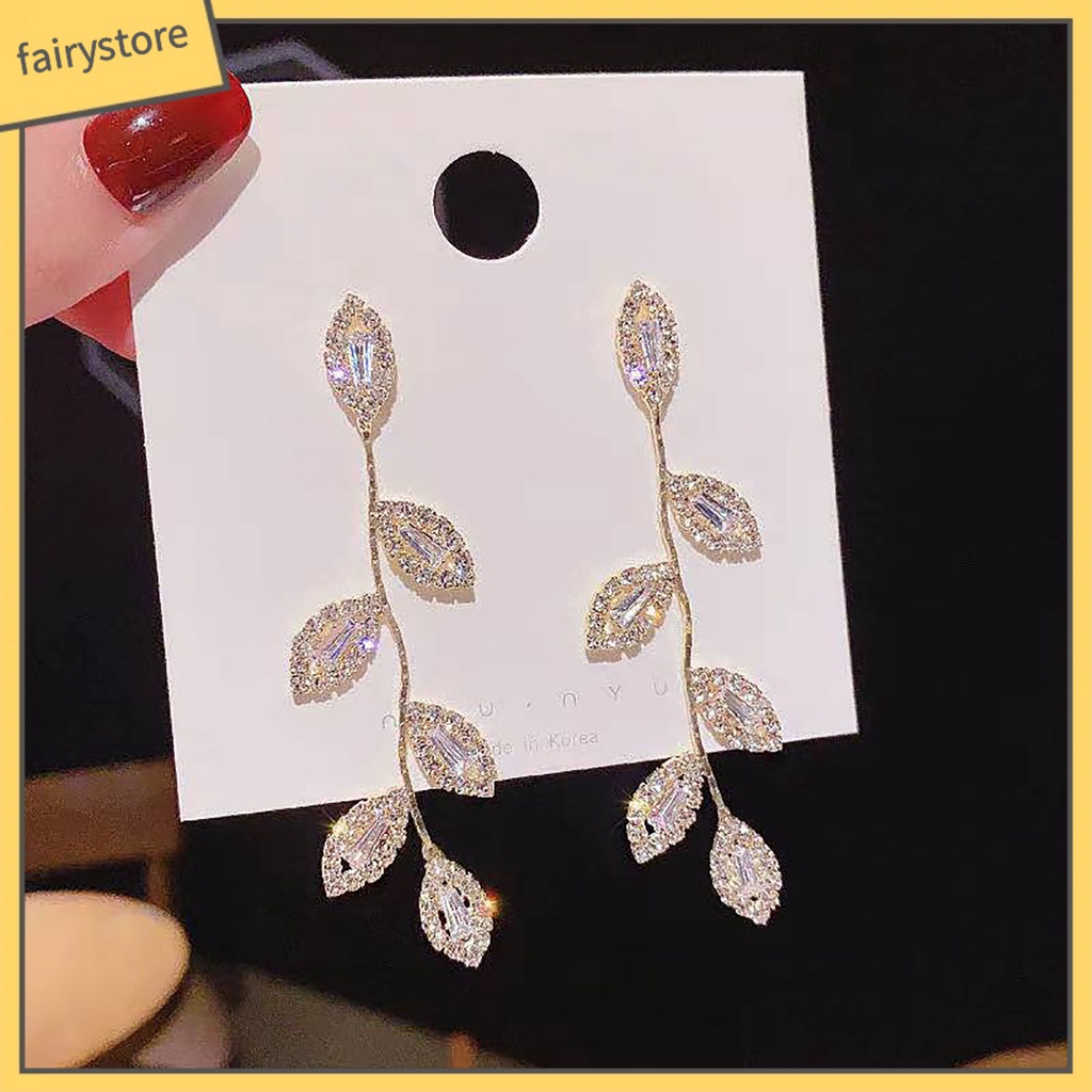 1 Đôi Bông Tai Hình Chiếc Lá Bằng Hợp Kim Đính Đá Zircon Dành Cho Nữ