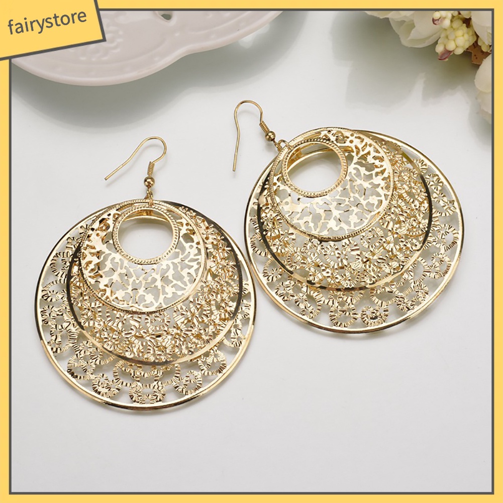 Bông Tai Dạng Móc Hình Tròn Rỗng Họa Tiết Hoa Thời Trang Cho Nữ