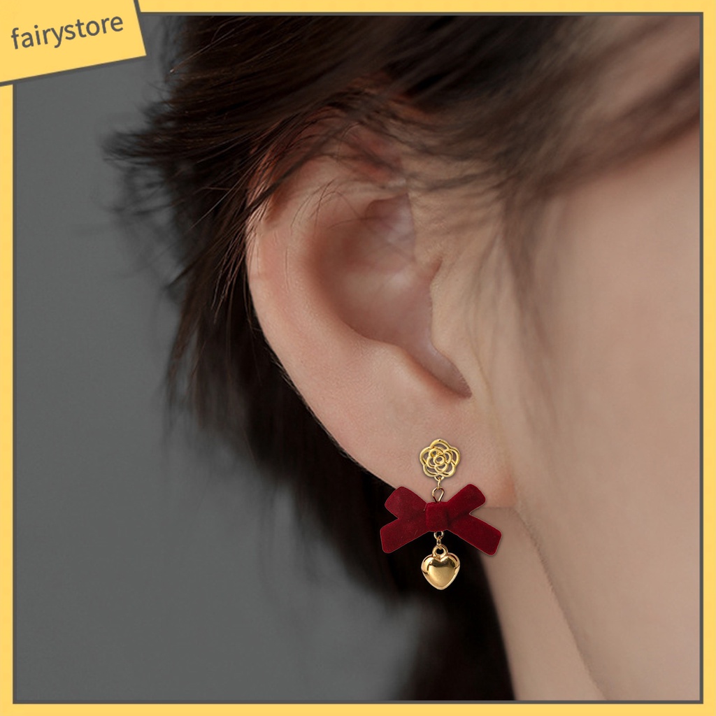 1 Đôi Bông Tai Dáng Dài Hình Nơ / Hoa / Trái Tim Màu Đỏ Chống Rơi Thời Trang Cho Nữ